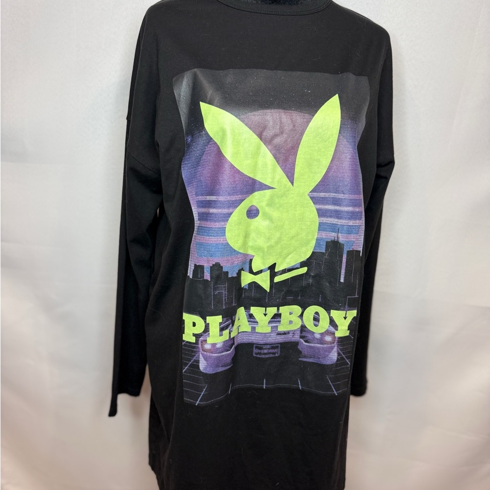 PLAYBOY Black and Green Long Sleeve Tee with Iconic Bunny Logo
